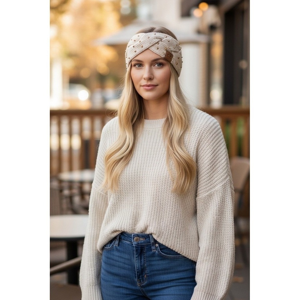 C.C. Exclusives Headband Womens Beige Braided Chunky Knit Gold Studs lot‎ of 12